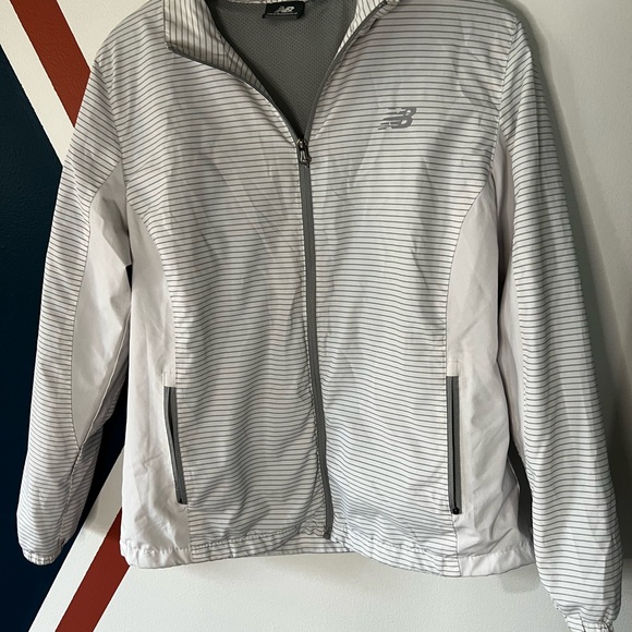 New Balance Jackets & Blazers - New Balance White and Light Gray Striped Full-Zip Running Jacket